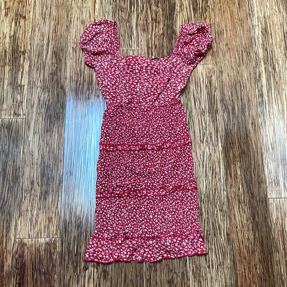 Sim & Sam red floral smocked bodycon lace up dress size XS - Picture 2 of 6